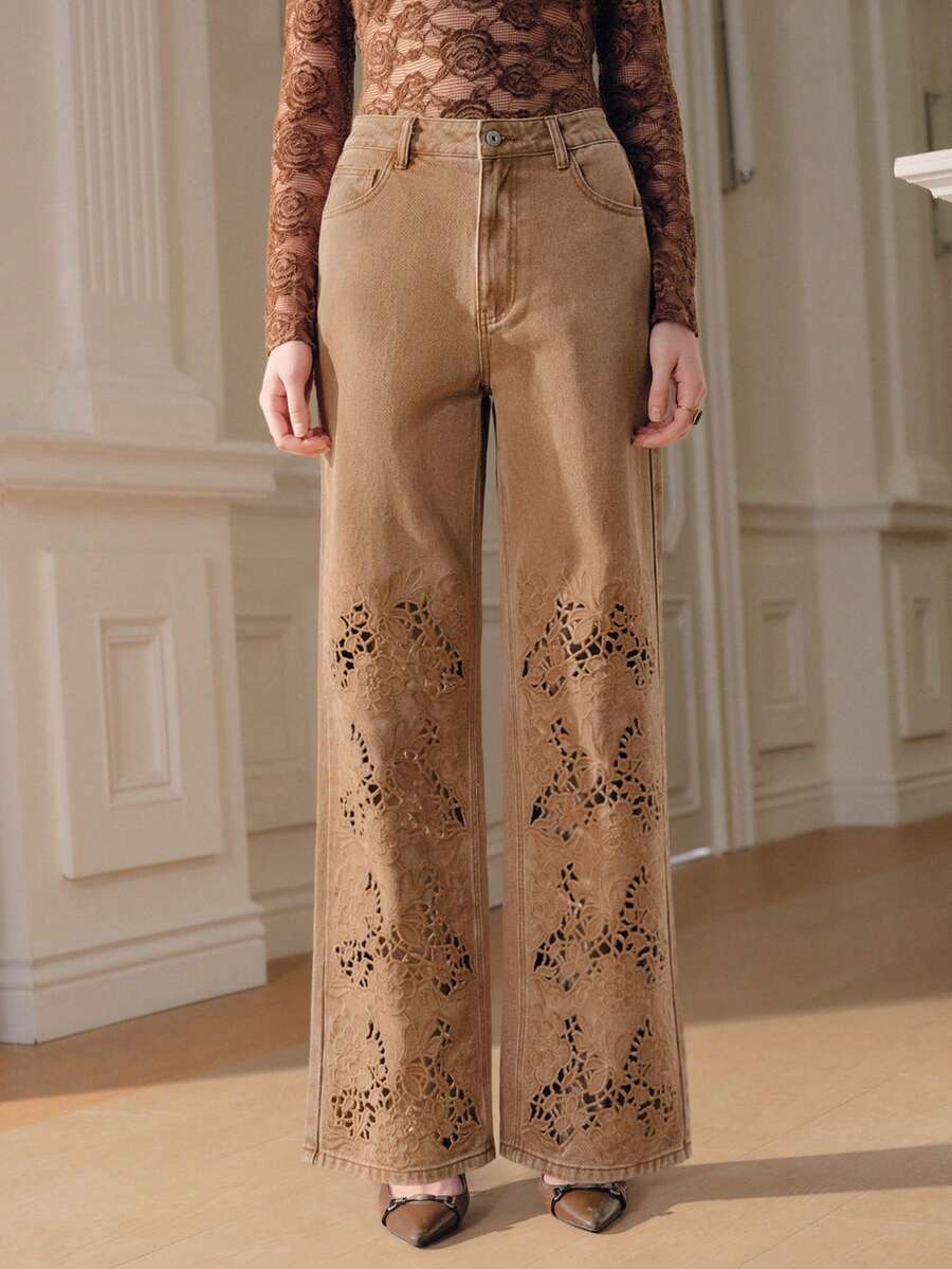 Anewsta Quần jeans nữ màu nâu thêu họa tiết cao cấp, thích hợp cho mùa xuân/hè, thanh lịch khi đi làm, hoặc dịp Lễ Tình nhân. - màu nâu - Xem 1