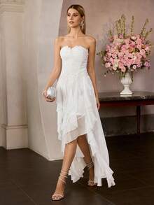 MOTF Soiréza ELEGANT FLORAL EMBROIDERY ASYMMETRIC HEM STRAPLESS COCKTAIL DRESS - White - View 3
