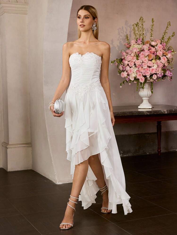 MOTF Soiréza ELEGANT FLORAL EMBROIDERY ASYMMETRIC HEM STRAPLESS COCKTAIL DRESS