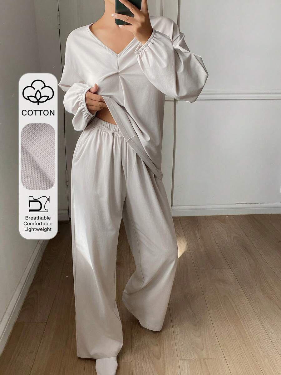 DAZY Minimalist Twist Design Knit Loose Women Pajama Set - Light Grey - View 1