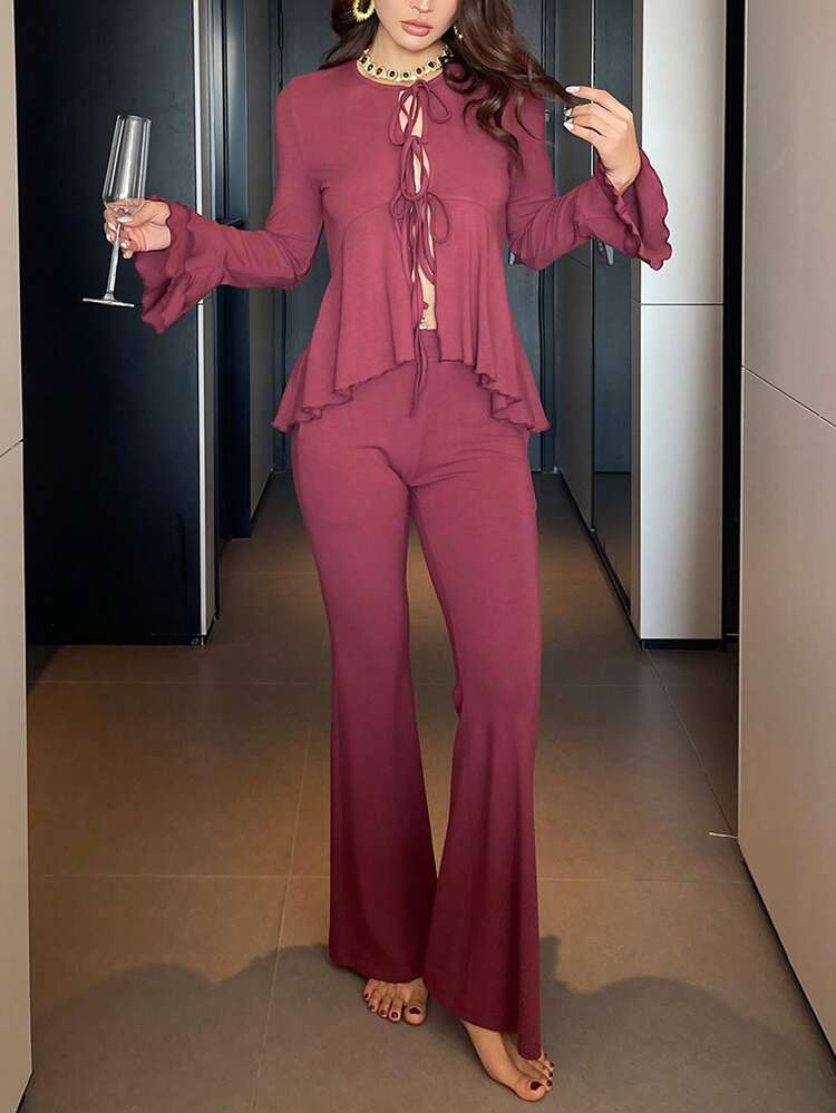 Knitted Tie-Front Ruffle Hem Top & Wide Leg Pants Women Pajama Set
