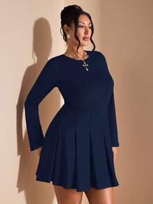 SHEIN BAE 大码女装、曲线身材服装、夏季海滩度假服装、约会装、外出装、音乐节装、乡村音乐节装、派对聚会装、节日服装、演唱会服装、嘉年华派对服装、节日服装、ins风服装、卡其色西装裤、办公服装、通勤服装、工作服、长袖迷你连衣裙、女士生日礼服、女士太阳裙 - 藏蓝色 - 查看 5