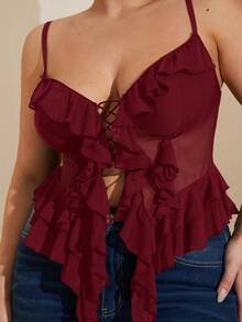 SHEIN BAE Áo hai dây lưới xếp ly cỡ lớn dành cho nữ, thích hợp cho lễ Phục sinh, lễ tốt nghiệp, đi club, mùa xuân, mùa hè, đêm lễ hội, sinh nhật, đám cưới, kỳ nghỉ, buổi hòa nhạc. - Màu Đỏ Sâu - Xem 4
