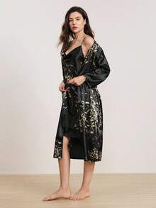 Hourtrue Gold Floral Print Satin Cami Sleep Dress & Belted Robe Pajama Set, Fall Winter Clothes - Black - View 3