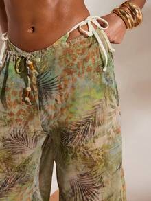 Opulessa Women's Tropical Print Beaded Drawstring Waist Loose Lightweight Wide Leg Coverup & Pants Set, Suitable For Beach Vacation,Casual,Vacation,Vacation Outfits Women,Vacation,Summer Holiday Outfits ,Holiday Outfits For Women,Holiday,Vacation Outfits For Women,Vacation Dress,Elegant,Going Out,Party,Beach,Beach Shorts,Beach Outfits For Women,Beach Skirt,Beach Set,Beach Outfit,Beach Outfit For Women,Summer,Summer Clothes,Summer Holiday Outfits,Flower,Graphic,Carmaval,Carnival