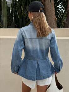 DAZY Women's Collared Cinched Waist Fold-Up Hem Long Sleeve Casual Denim Jacket - Medium Wash - View 4