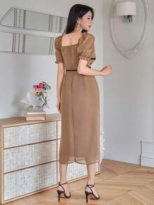 DAZY 女士优雅撞色荷叶边方领长连衣裙，夏季婚礼宾客礼服 - 卡其色 - 查看 2