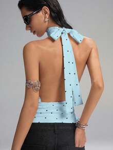 LYSMO 女士波点高领拉链针织吊带背心，无袖，简约休闲，适合日常通勤，蓝色 - 藍色 - 查看 2