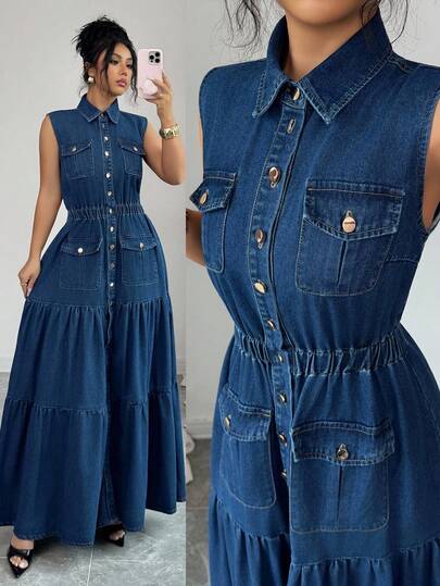 Elenzga Women's Casual Everyday Commuting Flap Pocket Elastic Waist Sleeveless Denim Jumpsuit Dress, Summer