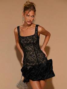 COSMINA Women's Black Lace Square Collar Satin Puff Hem Fitted Mini Dress,Summer Elegent Party Night Black Floral Y2K French Retro Wedding Cocktail Dresses - Black - View 4