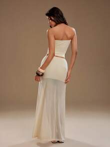 TRNVIE 夏季休闲度假女士金色宴会抹胸拼接串珠露背弹力腰带衬里和网纱系带扭结透明A字性感炸弹情人节波西米亚浪漫派对活动两件套 - 杏色 - 查看 2