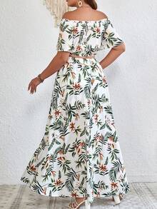 SHEIN VCAY 夏季波西米亚风热带印花露肩短款上衣和开叉大腿裙 - 彩色 - 查看 6