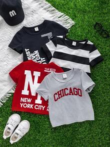 SHEIN 4pcs/Set Unisex Baby Boy/Girl Casual Letter & Stripe Print Short Sleeve T-Shirt Knit Top Outfit Set, Spring/Summer Baby Boy Clothes - Multicolor - View 4