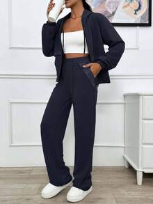 EURMUSE TWO PIECES TWO THREAD LIGHT GREY HOODIE SWEATSHIRT AND SWEATPANT WITH SPARKLE STONE DETAIL - Navy Blue - View 3