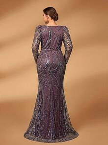 Serin Plus Size Elegant Purple Square Neck Puff Sleeve Sequin Mesh Mermaid Dress,Dusty Pink,Spring,Bridesmaid,Formal Party,Wedding Mother Of Bride Gown - Purple - View 5