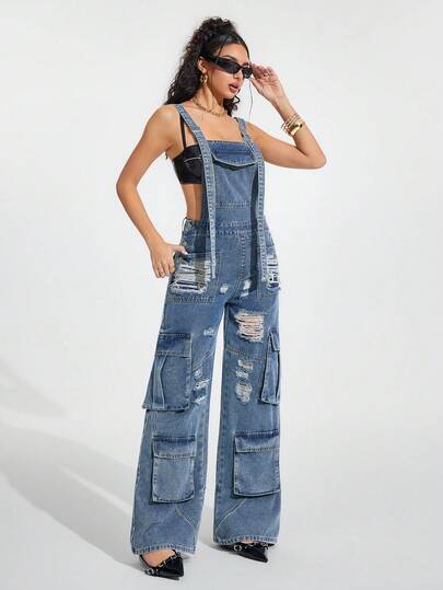 Jeanoix 女士宽松破洞牛仔连体裤，带多个工装口袋