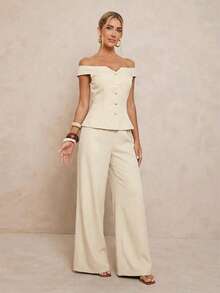 Lumalex Early Spring Off-Shoulder Front-Open Cinched Waist Loose Wide-Leg Pants Women Suit Set PreSpring Vacation Birthday Outfits Wedding VDayGiftGuide RomanticVDayOutfit Guest Wedding VDayGiftGuide RomanticVDayOutfit Party Summer Holiday Beach Outfits Luxury Look LuxeLooks QuietLuxe Prom Gathering Party Banquet Modest Old Money Coquette Rave Festival Richly Layered Party - Apricot - View 8