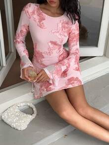 Elamini Women's Sexy & Elegant Light Pink 3D Floral Long Sleeve Backless Mini Dress, Romantic Style For Vacation & Date - Baby Pink - View 6