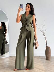 EURMUSE Ensemble deux pièces femme en lin de couleur unie, composé d'un gilet et d'un pantalon large - Kaki - Voir 4