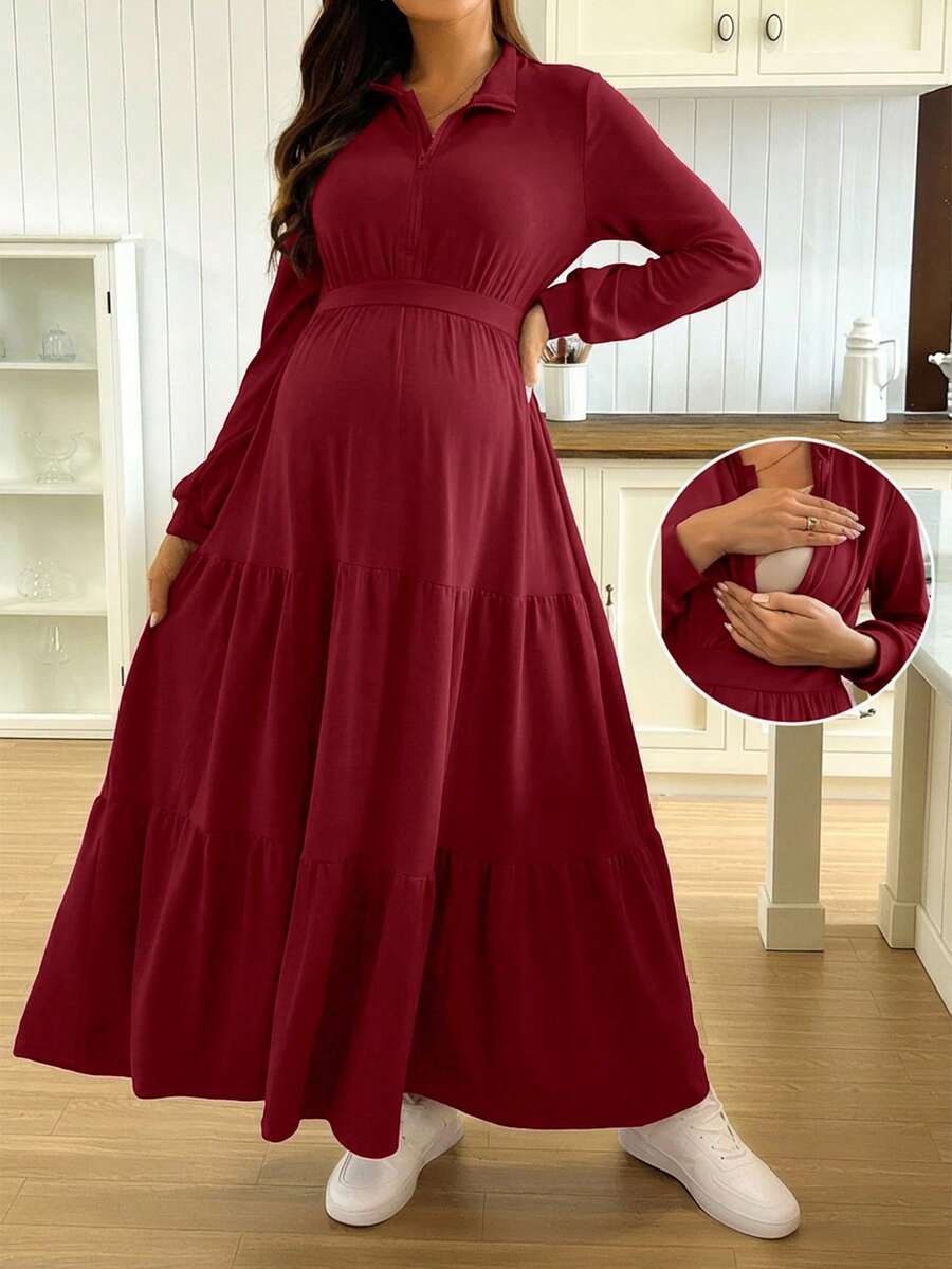 SHEIN 休闲纯色翻领哺乳连衣裙 - 酒紅色 - 查看 1