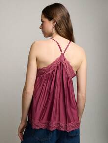 Nöista Romantic Loose Top With Detailed Lace Trimming On Neckline. Straps Adjustable On Back. Spring Outfit , Spring Break Outfits, Spring Clothing, Casual Outfit, And Vacation Styling. - Red Violet - View 2