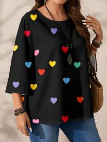 EMERY ROSE Áo thun nữ cỡ lớn in hình trái tim nhiều màu sắc, dáng rộng, cổ tròn, tay lỡ 3/4, thích hợp cho ngày Valentine, kỳ nghỉ/mùa hè/mùa xuân. - Nhiều màu - Xem 5