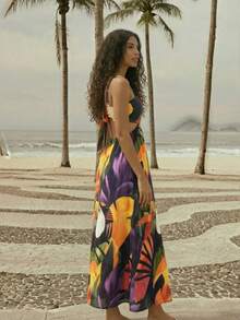 CAJUNI 女士休闲度假热带鹦鹉龟背竹叶印花连衣裙，适合约会 - 热带风情 - 彩色 - 查看 3