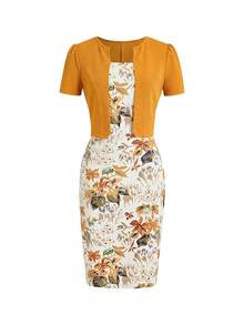 Ellevyn Vestido ajustado de verano con estampado floral y mangas de globo, con diseño 2 en 1 - Amarillo - Ver 3