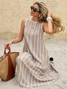 SHEIN Frenchy Vestido largo holgado sin mangas con estampado de rayas para mujer, casual de verano - Albaricoque - Ver 5