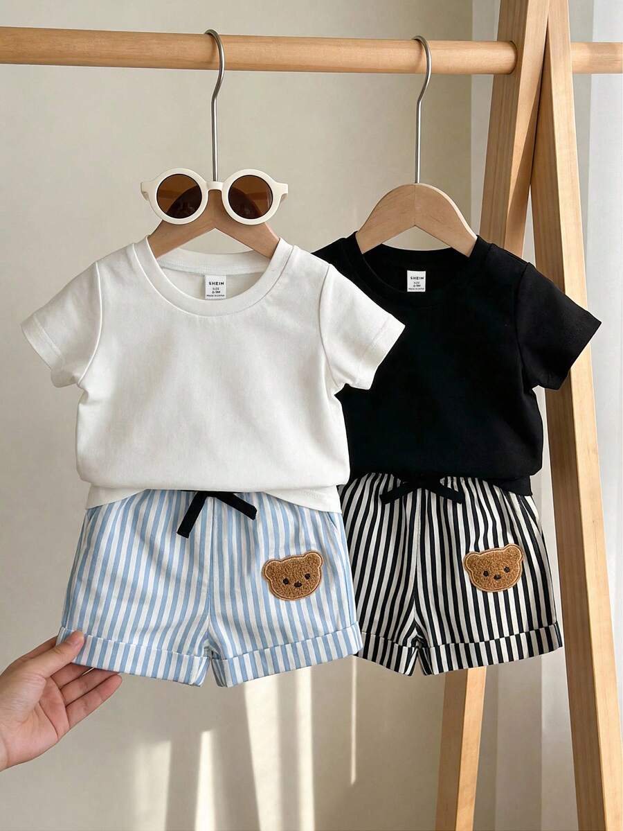 SHEIN Playful Pals 2件套男婴夏季休闲纯色短袖T恤和条纹熊印花短裤套装 - 彩色 - 查看 1