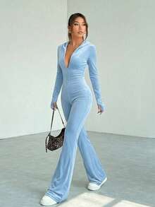 SHEIN EZwear Bộ áo liền quần nhung màu xanh nhạt ôm sát người, có mũ trùm đầu, khóa kéo, thích hợp cho mùa xuân. - Màu xanh nhạt - Xem 6