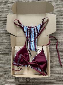 Swim Mod Bộ bikini nữ cổ yếm in họa tiết ngẫu nhiên, trang trí kim loại, thích hợp cho mùa xuân/hè. - Nhiều màu - Xem 2