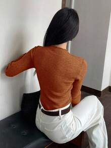 DAZY Lace Patchwork Slim Fit Women Pullover Sweater - Coral Orange - View 2