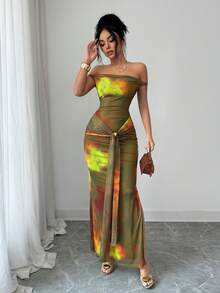Vestido elegante de playa para mujer, vestido de malla con estampado de teñido anudado y ajustado de hombros descubiertos, para verano - Verde Oliva - Ver 6