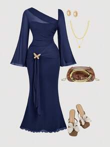 SHEIN MOD Plus Size Navy Asymmetric Shoulder Flare Sleeve Brown Bow Metal Buckle Dress - Navy Blue - View 1