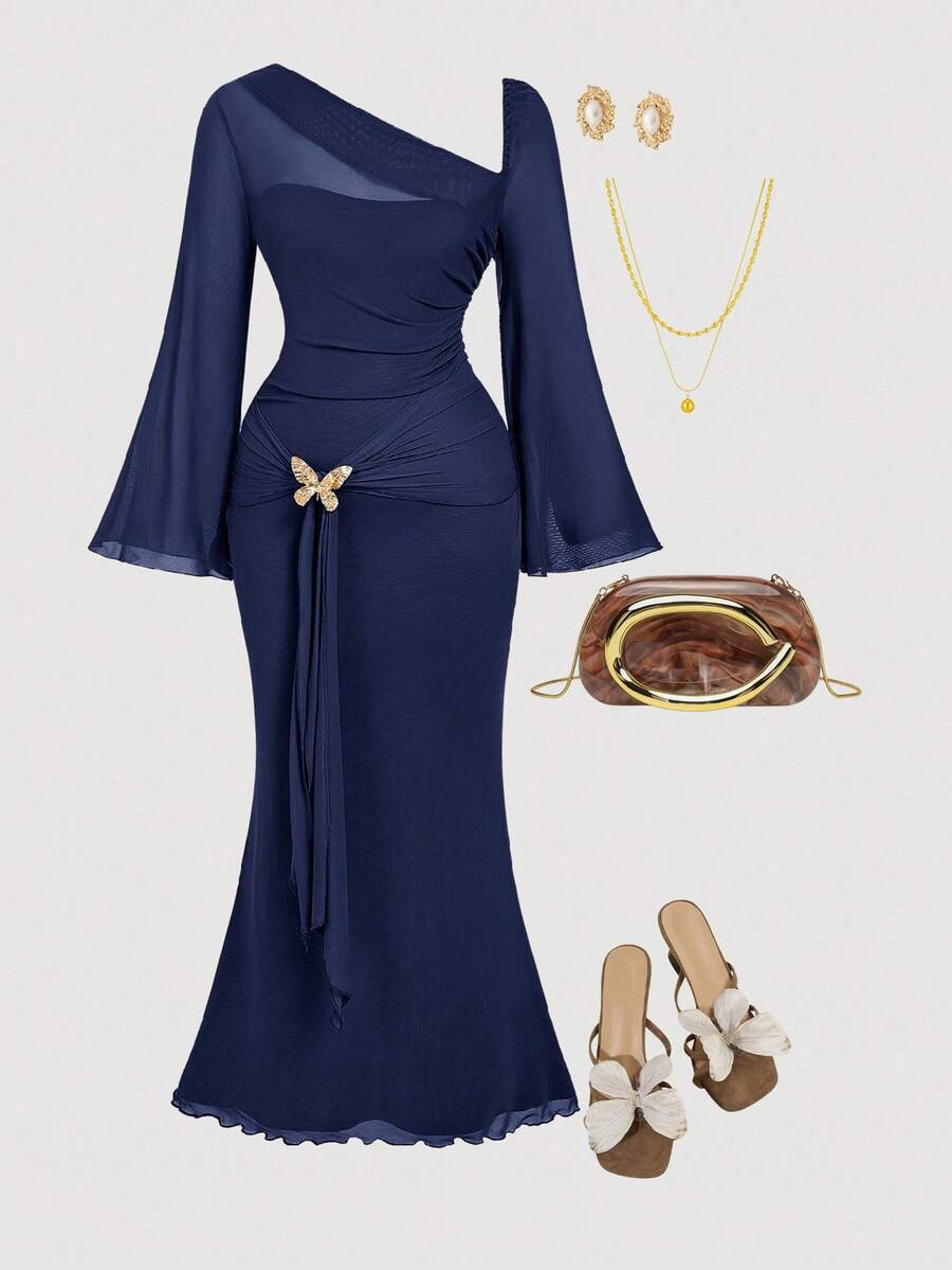 SHEIN MOD Plus Size Navy Asymmetric Shoulder Flare Sleeve Brown Bow Metal Buckle Dress - Navy Blue - View 1