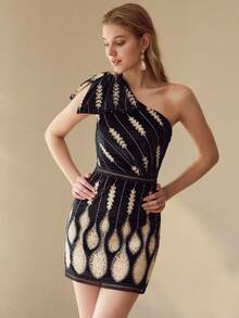 MOTF PREMIUM ASYMMETRIC NECKLINE EMBROIDERED BLACK MINI DRESS - Multicolor - View 3