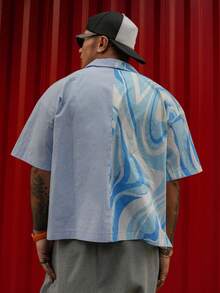 DAZY Men's Patchwork Contrast Color Digital Print & Solid Color Blue Shirt, Summer - Blue - View 2