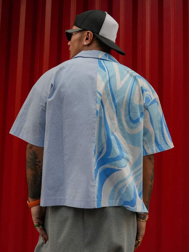 Men's Patchwork Contrast Color Digital Print & Solid Color Blue Shirt, Summer