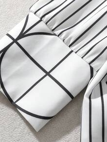 GlowEve CURVE Plus Size Women Black And White Striped Blouse,Flare Pants Set,Geometric Pattern Cuff Long Sleeve 2-Piece,Elegant,Formal,Autumn Office Casual Sets - Black and White - View 7