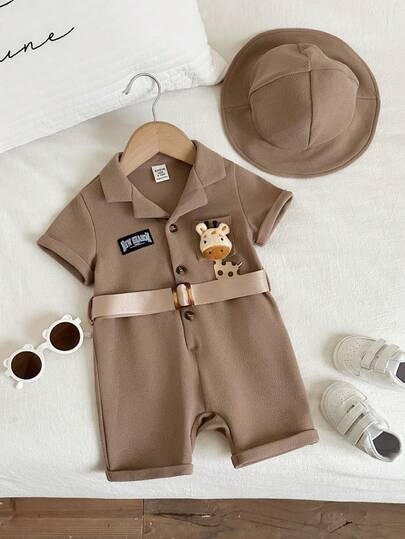 SHEIN 2件套男女宝宝休闲可爱童子军短袖连体衣和遮阳帽套装，实用套装，春夏男女宝宝服装