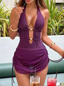 Bonvoyette 性感露背系带网纱连体泳衣，显瘦设计，热门单品，春夏款 - 中紫紅色 - 查看 5