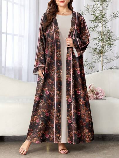 SHEIN Najma Damska kurtka typu cardigan maxi w stylu retro z kwiatowym i różowym nadrukiem cyfrowym, z długim rękawem, w stylu arabskim, w stylu abaja, wiosna/jesień