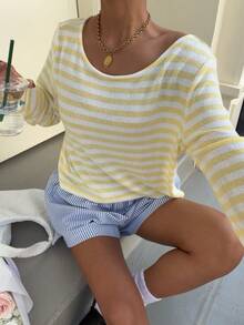 Muchica Women's Spring/Summer New Knitted Striped Loose Off-Shoulder Long Sleeve Cropped T-Shirt For Going Out Outfits, Streetwear, Y2K Clothes,Spring Clothing Off The Shoulder Long Sleeve Cute Yellow Top - Light Yellow - View 6