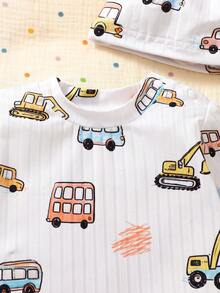 SHEIN 新生儿罗纹针织休闲长袖连体衣，圆领露肩设计，附赠可爱帽子 - 白色 - 查看 6