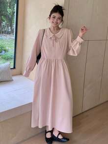 Dazy Plus 可爱蝴蝶结领宽松长袖收腰休闲粉色长连衣裙，春秋季 - 粉色 - 查看 2