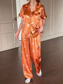 Dream Adore 2pcs Orange Women Sleepwear Set With Ruffle Collar, Bow Print And Short Sleeve - Orange - View 3