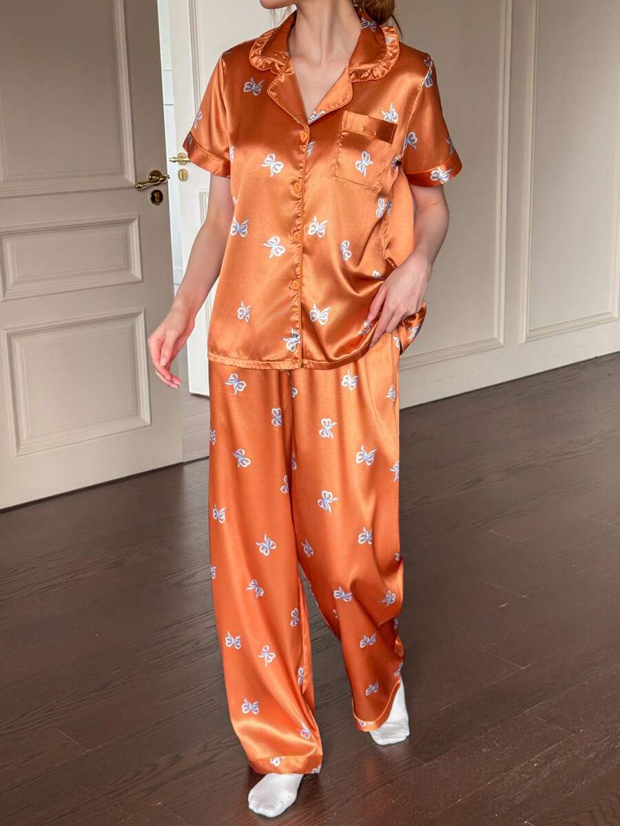 Dream Adore 2 piezas Conjunto de pijama para mujer naranja con cuello con volantes, estampado de moño y manga corta - Naranja - Ver 1