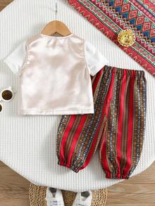 SHEIN Setelan Rompi dan Celana Panjang Model Lentera Motif Geometris Blok Warna untuk Bayi Laki-laki, Warna Putih, Gaya Boho Musim Panas, Pakaian Pesta Ulang Tahun, Formal, Pernikahan, dan Pertunjukan - MultiWarna - View 2