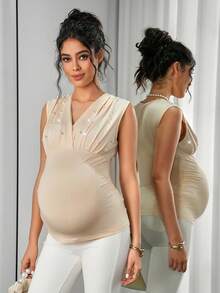 Momance Maternity Tank Top & Strap Tank Top, V-Neck Ruched Bust Design, Padded Cup, Slim Fit Tank Top - Apricot - View 5